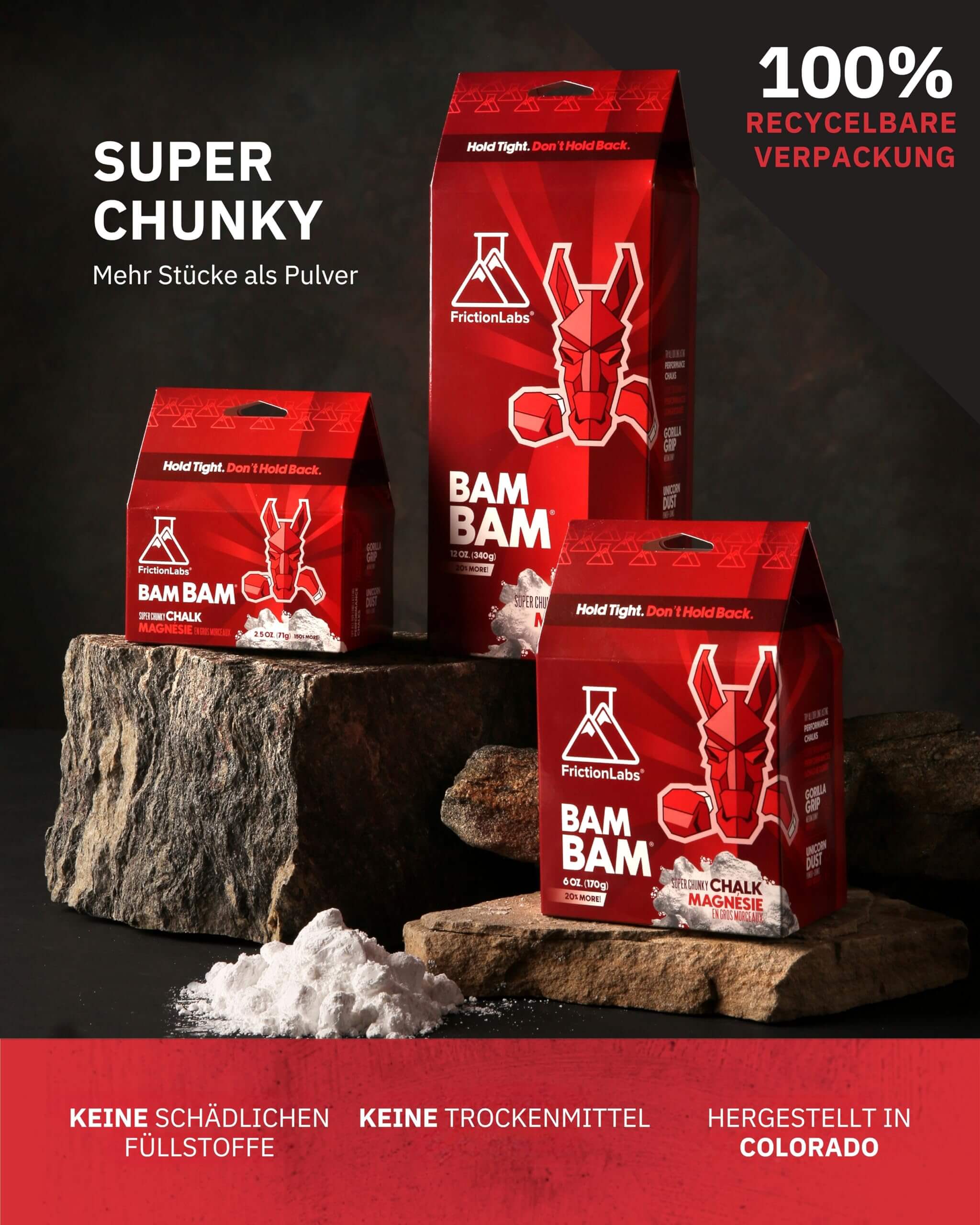 Hier ist die Übersicht des Friction Labs Premium Chalk Magnesium in der Bam Bam Variante zu sehen