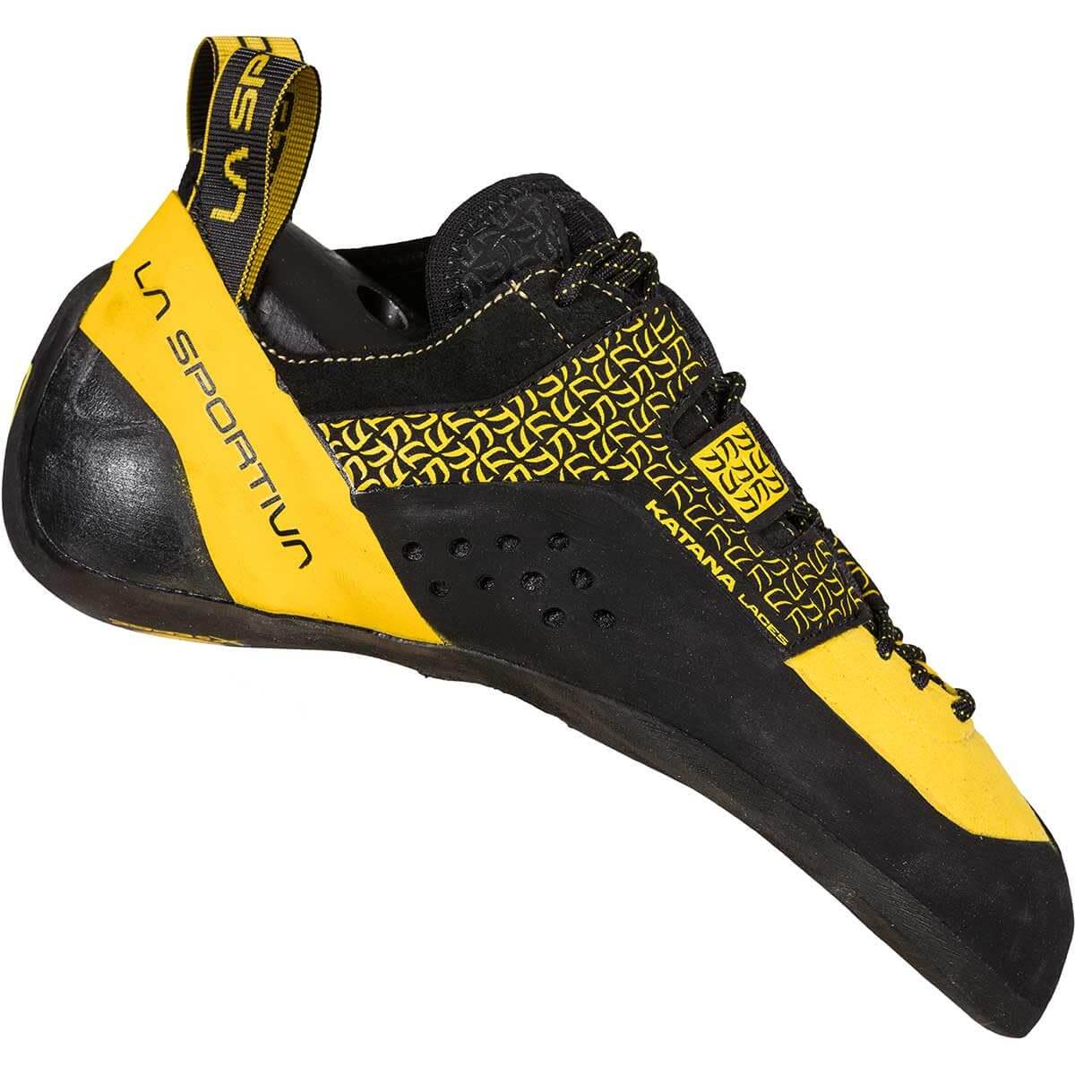 Der Kletterschuh La Sportiva Katana Laces Yellow/Black fotografiert von seiner rechten Seite