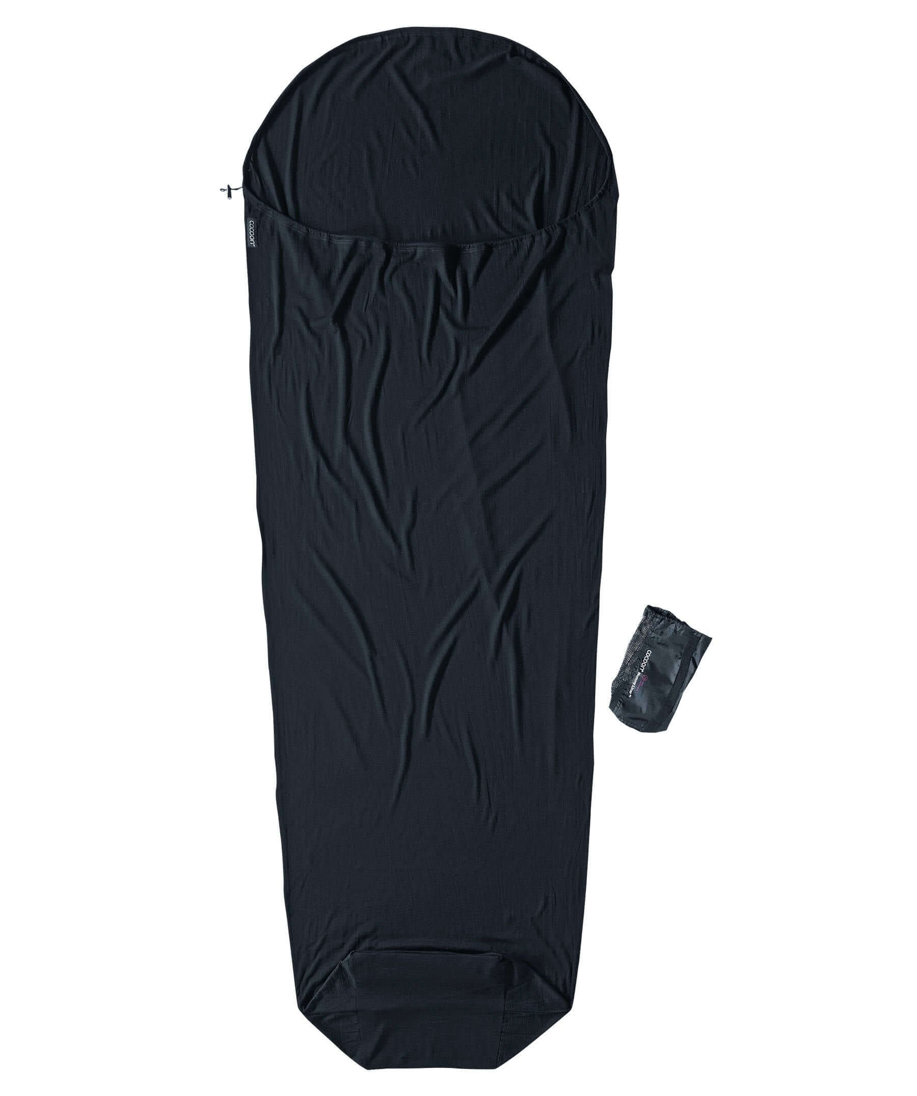 Der Cocoon MummyLiner Hüttenschlafsack aus Merinowolle in der Farbe Schwarz - erhältlich im Online Outdoor Shop FluxPerfect
