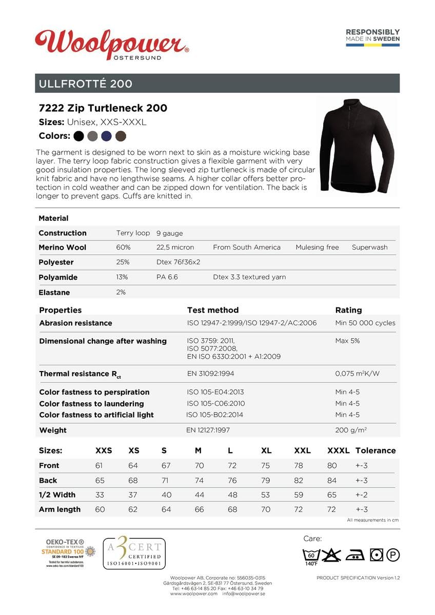 Baselayer – Woolpower – 200 Turtleneck Long Sleeve Zip Shirt Men