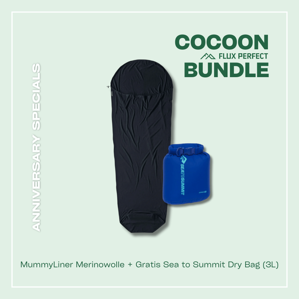 Unser Anniversary Special - Das Cocoon Bundle, inkludiert ist ein MummyLiner in Merinowolle und ein Gratis Jetboil Sea to Summit Dry Bag in der 3 Liter Variante, nur erhältlich im Outdoor Online Shop FluxPerfect
